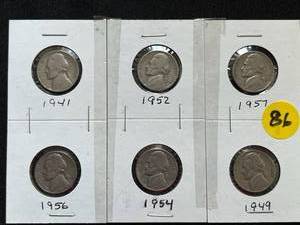 Six Jefferson Nickels (Range 1941-1957)