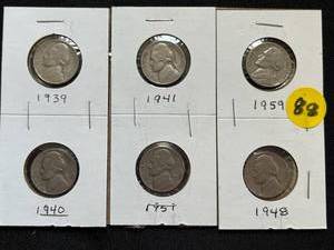 Six Jefferson Nickels (Range 1939-1959)