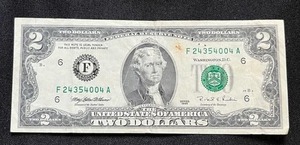 Two Dollar Bill 1995 Jefferson (F Seal & Green Seal)