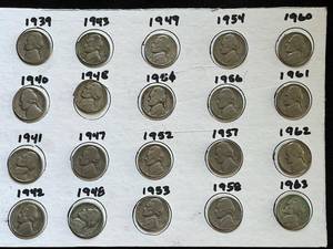 Sheet of Jefferson Nickels (20 Total) (Range 1939-1963)