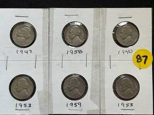 Six Jefferson Nickels (Range 1940-1959)