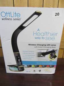 lot 20 image: OttLite LED Desk Lamp with Clock and Wireless Charging Station
