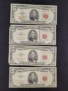 (4) 1963 $5 Red Seal US Notes