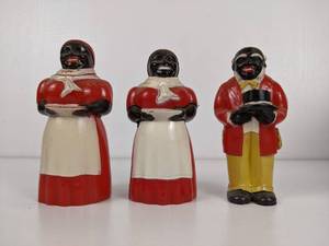 lot 993 image: Salt & Pepper Shakers and Pourer - F&F Mold and Die Works - Uncle Mose and Aunt Jemima