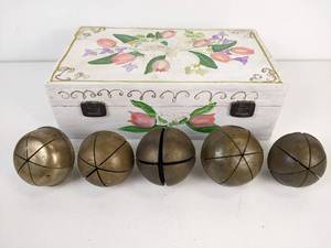 lot 1003 image: (5) Antique 3 Brass Sleighbells and Hand Painted Wood Box
