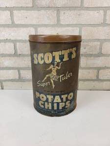 lot 1005 image: Vintage Scotts 1# Potato Chip Tin Can - Potato Products Corp. East Grand Forks, Minnesota