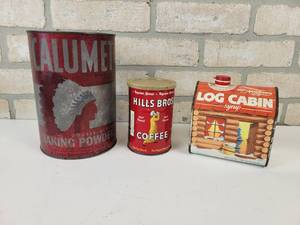 lot 1007 image: Large Vintage 5# CALUMET Baking Powder Tin, Log Cabin Syrup Tin and 12# Hills Bros Coffee Tin