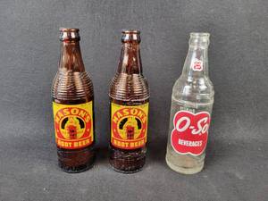 lot 1059 image: (2) 1950s MASONS Root Beer Glass Bottles and O-So Beverages Glass Bottle