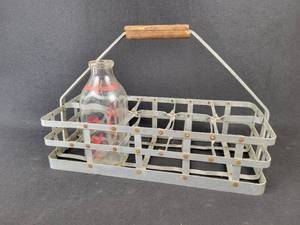 lot 1061 image: Antique (10) Quart Bottle Milk Carrier and Dolly Madison Glass Quart Milk Bottle