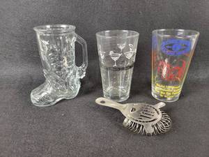 lot 1092 image: (2) Drink Mixing Glasses, Strainer and Boot Glass Tumbler