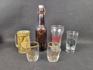 lot 1011 image: Antique BLATZ Beer Bottle with Stopper, Cold Spring Lager Glass, Coors Glasses, FALSTAFF Tin Mug and Summit Beer Glass