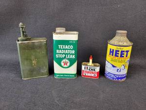 lot 1012 image: TEXACO 10oz Radiator Stop Leak Tin Can, HEET Cone Top Can, Household Oil Can and Unmarked Military Oil Can