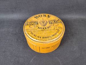 lot 1017 image: Vintage BOSS Triangle Polish Tin Can - Duncan Bros. Mop Co. Chicago, IL