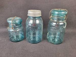 lot 1019 image: (3) 1920s30s Blue Glass BALL Jars - (2) Quart and (1) Pint