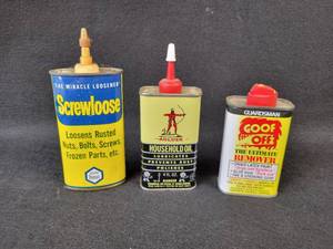 lot 1021 image: (3) Small Vintage Tin Oil Cans - Archer, Screwloose and Goof Off