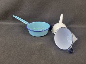 lot 1039 image: Vintage Enamel Saucepan and (2) Enamel Funnels