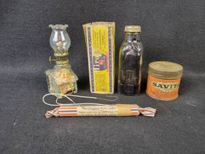 lot 1040 image: SAVITA Yeast Extract Tin, HIRES Root beer Extract Bottle and Box, The Auto Joker and Antique lamp  Candy Dispenser