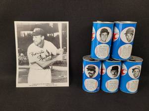 lot 1043 image: (5) Vintage Tin RC Cola Baseball Soda Cans - Most are Northland Beverages North Mankato, MN  Stan Musial Signed Photograph (Looks like it Printed on the photo and not an actual autograph)