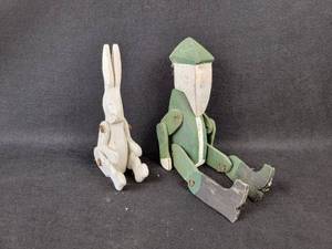 lot 989 image: Vintage Wood Carved Man and Bunny - Articulating Limbs