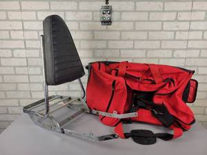 lot 607 image: Vintage Motorcycle Backrest and Luggage Rack  Rolling Duffel Bag - NO SHIPPING