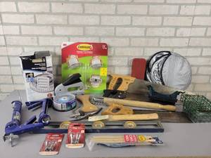 lot 616 image: Lot of Assorted Hand Tools, Hickory Hatchet Handle, Stapler and More - NO SHIPPING