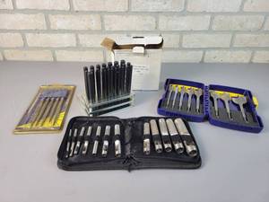 lot 647 image: New 28-Piece Transfer Punch Set, Needle File Set, IRWIN Drill Bit Set and 12-Piece Hollow Punch Set
