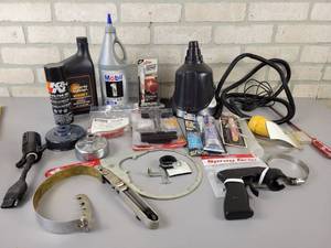 lot 709 image: Oil, gasket maker, Oil Filter Wrenches, Funnels and More - NO SHIPPING