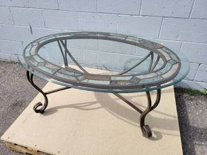 lot 746 image: Glass Top Steel Patio Table - NO SHIPPING