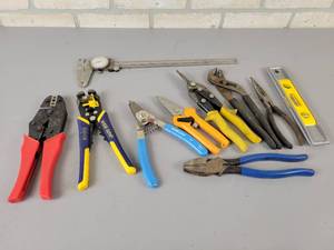 lot 777 image: Mitutoyo 12 Dial Calipers, Vise-Grip Wire Stripper and Crimper, ADC Crimper, Snap Ring Pliers and More