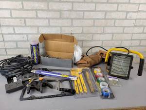 lot 781 image: Sawzall Blades, electrical Tape, Coping Saw, Tool Belt, extension Cords and More - NO SHIPPING