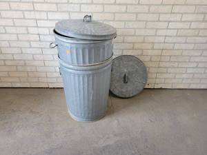lot 808 image: (2) Galvanized Steel Trash Cans with Lids - NO SHIPPING