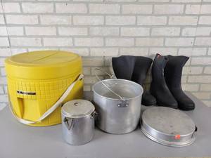 lot 812 image: Portable Toilet, Mens rubber Boots Size 8 & 5 and Vintage Camping Kit - NO SHIPPING
