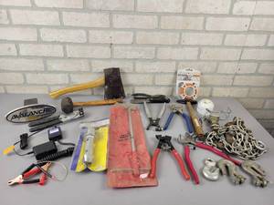 lot 815 image: Assorted Hand Tools - Battery Maintainer, Chain Hooks, Pliers, Hammers, Chevrolet Avalanche Hitch Insert, Hatchet and More
