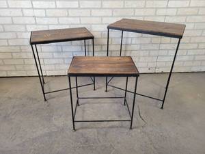 lot 833 image: (3) Rod Iron and Wood Living Room Accent Tables - NO SHIPPING
