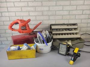 lot 851 image: Electrical Supplies in Tackle Box, Steel Toolbox, Hedge Trimmer, Work Light and More - NO SHIPPING