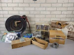 lot 853 image: Air Hose on Reel, Parts Organizer, Trash Bags, Timer and More - NO SHIPPING