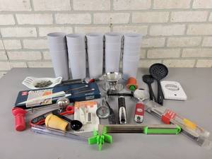 lot 871 image: Kitchen Aid Utensils, Green Pan Utensils, Kitchen Tools, Plastic Tumblers - NO SHIPPING