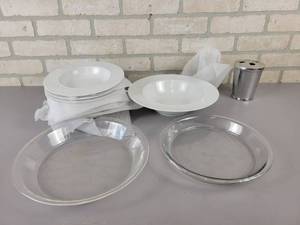 lot 884 image: (8) Crate & Barrel EPOCH Bowl and (1) Serving Bowl, Pyrex Glass Pie Dish and More - NO SHIPPING
