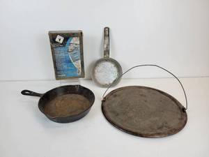 lot 71 image: 7 Cast Iron Il Molino Pan, Small Aluminum Wearever Pan, Smoker Box, and 12 Campfire Griddle