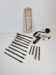 lot 74 image: Jacques Seeds Tin Thermometer with Lot of Antique Tools - Drill Brace, Gimlets, Auger Bits, Adjustable Bit, and More