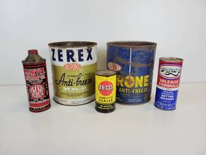 lot 94 image: Lot of Gas & Oil Tins - Zerex, Zerone, Tephguard, Zecol, and Marvel Mystery Oil