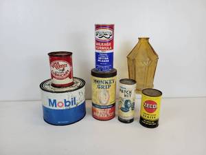 lot 95 image: Lot of Gas & Oil Tins - Mobil, Super Service Lubricant, Tephguard, Tube Repair Kits, Zecol, and Glass Light Shade