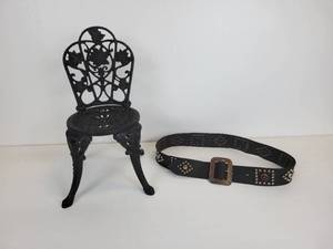 lot 102 image: Small Cast Iron Doll Chair and 32 Leather Belt