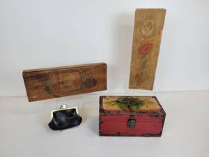 lot 109 image: Pair of Vintage Pyrography Wood Boxes for Gloves, Scarves, Stockings, and More