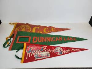 lot 121 image: Lot of (3) Vintage Felt Pennants - Civilian Conservation Corps, Dunnigan Lake, and Itasca State Park