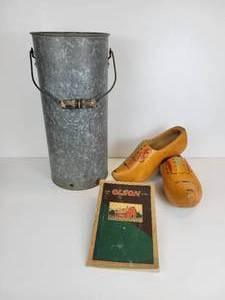 lot 123 image: Tall Galvanized Bucket, Wooden Clogs, and The Olson Line 1930 Sales Magazine from Albert Lea, MN
