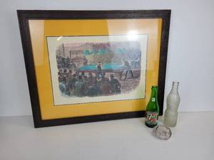 lot 132 image: Vintage W. Roberts Oxford Match Watercolor & Pen Billiard Illustration with Antique SQUEEZE Soda Bottle, Vintage 7UP Bottle, and More NO SHIPPING