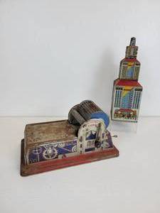 lot 133 image: Vintage Tin Litho Toys - Marx Rotary Printing Press and Marx Daredevil Flyer Airplane Skyscraper