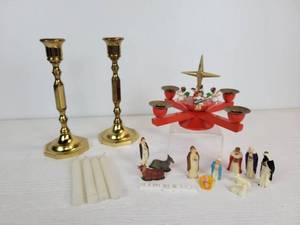 lot 160 image: Lot of Vintage Christmas Dcor - Miniature Nativity, Advent Candle Holder, and Brass Candlesticks