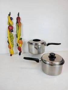lot 161 image: Pair of FLINT Stainless Steel Saucepans and Vintage Metal Wall Dcor